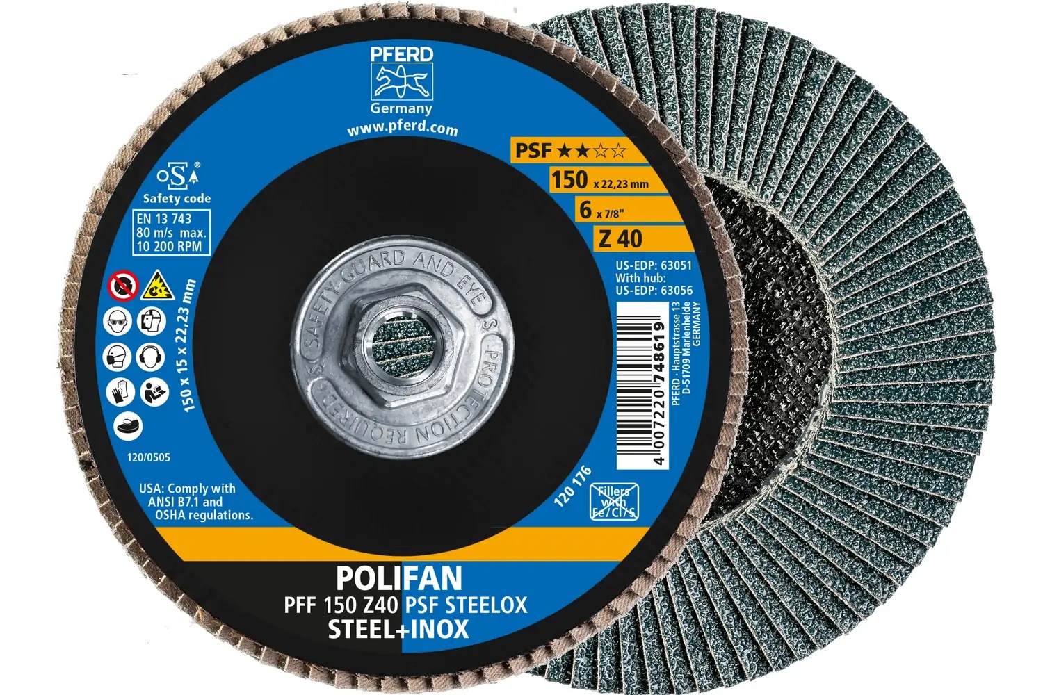 Picture of Pferd Flap Disc, 6" x 5/8-11, Z PSF Steelox, 40 Grit, T27, Flat, Zirconia